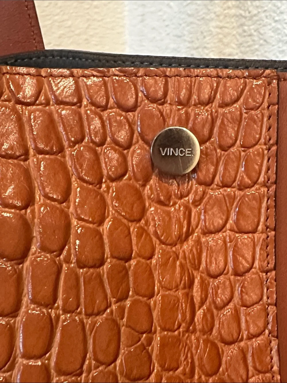 Vince Signature V Croc-Embossed Leather Tote Color Cognac